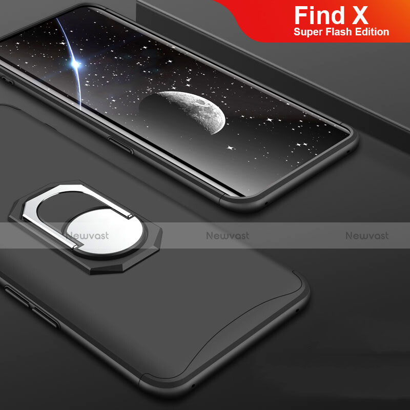Hard Rigid Plastic Matte Finish Front and Back Cover Case 360 Degrees with Finger Ring Stand for Oppo Find X Super Flash Edition Black
