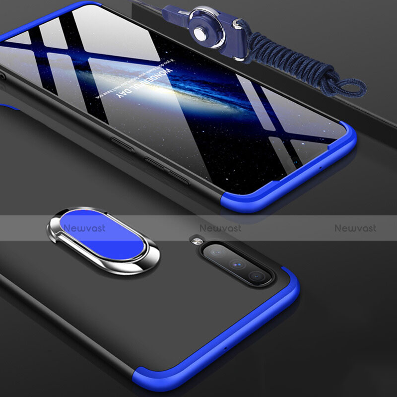 Hard Rigid Plastic Matte Finish Front and Back Cover Case 360 Degrees with Finger Ring Stand for Samsung Galaxy A70 Blue and Black