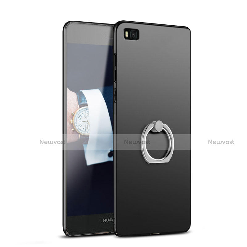 Hard Rigid Plastic Matte Finish Snap On Case with Finger Ring Stand A02 for Huawei P8 Black