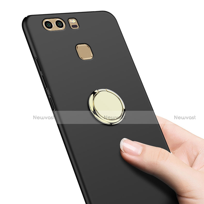 Hard Rigid Plastic Matte Finish Snap On Case with Finger Ring Stand A02 for Huawei P9 Black