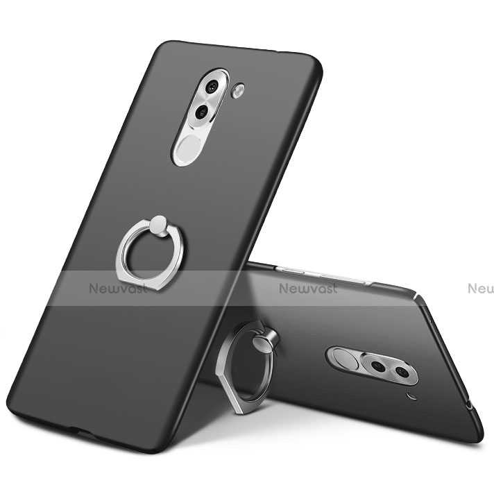 Hard Rigid Plastic Matte Finish Snap On Case with Finger Ring Stand A03 for Huawei Honor 6X Black