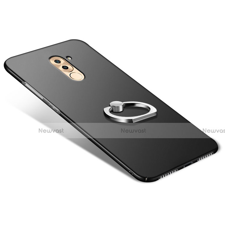 Hard Rigid Plastic Matte Finish Snap On Case with Finger Ring Stand A04 for Huawei Honor 6X Black