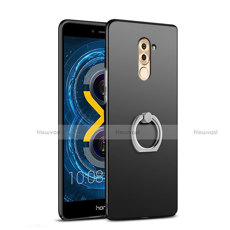Hard Rigid Plastic Matte Finish Snap On Case with Finger Ring Stand A04 for Huawei Honor 6X Pro Black