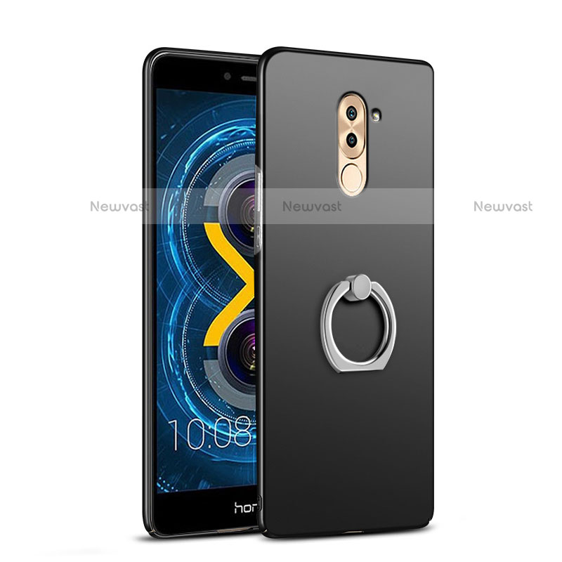 Hard Rigid Plastic Matte Finish Snap On Case with Finger Ring Stand A04 for Huawei Mate 9 Lite Black