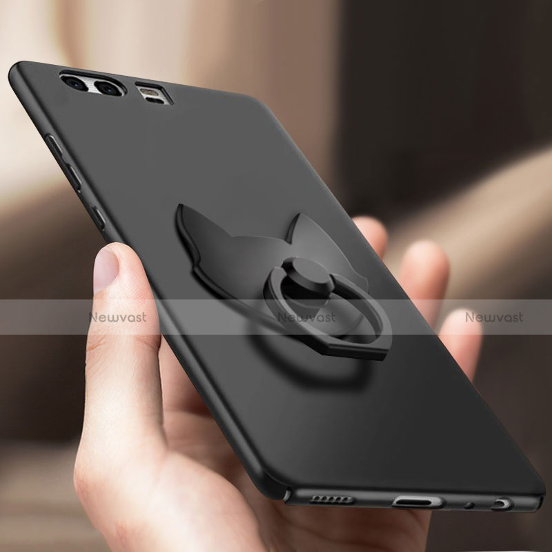 Hard Rigid Plastic Matte Finish Snap On Case with Finger Ring Stand A04 for Huawei P10 Black