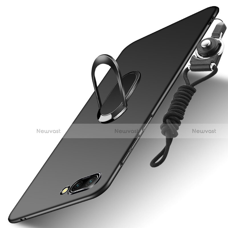 Hard Rigid Plastic Matte Finish Snap On Case with Finger Ring Stand and Lanyard for Huawei Honor 10 Black