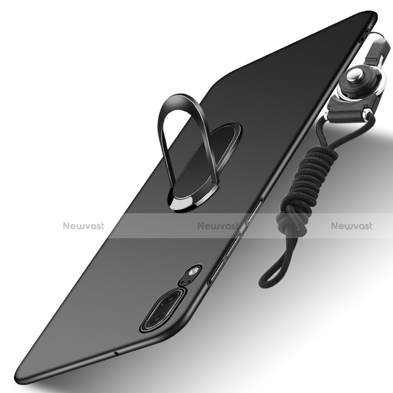 Hard Rigid Plastic Matte Finish Snap On Case with Finger Ring Stand and Lanyard for Huawei P20 Black