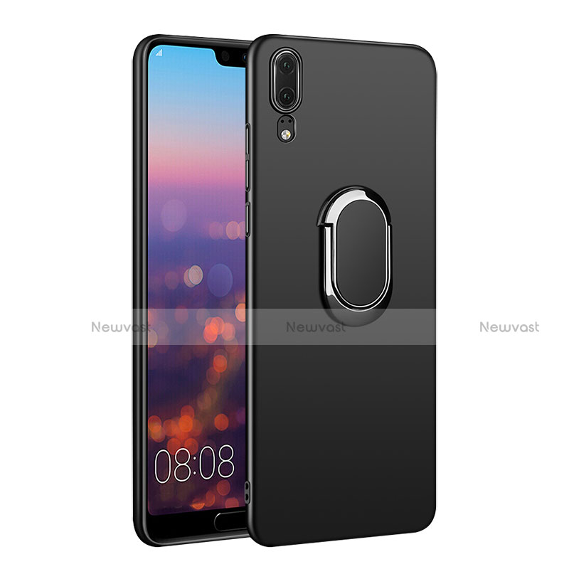 Hard Rigid Plastic Matte Finish Snap On Case with Finger Ring Stand and Lanyard for Huawei P20 Black