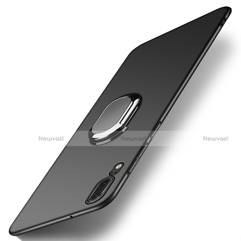 Hard Rigid Plastic Matte Finish Snap On Case with Finger Ring Stand and Lanyard for Huawei P20 Black