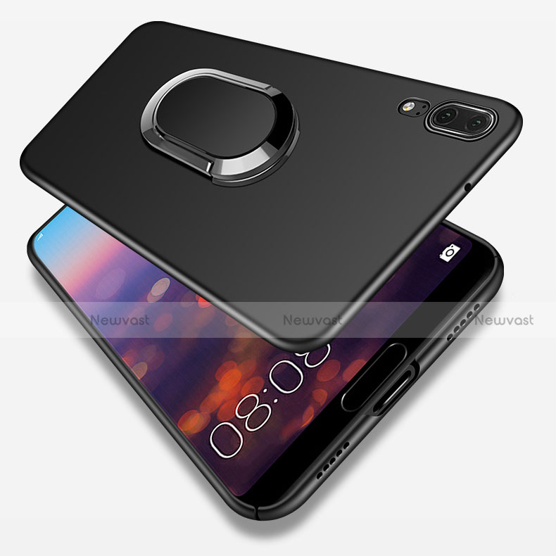 Hard Rigid Plastic Matte Finish Snap On Case with Finger Ring Stand and Lanyard for Huawei P20 Black
