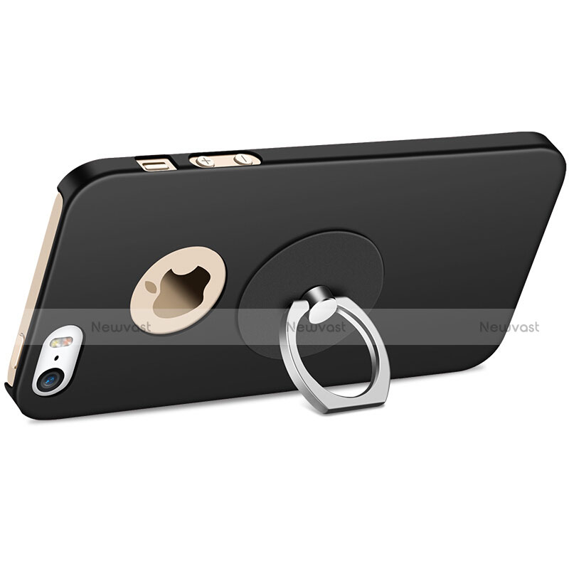 Hard Rigid Plastic Matte Finish Snap On Case with Finger Ring Stand for Apple iPhone 5S Black