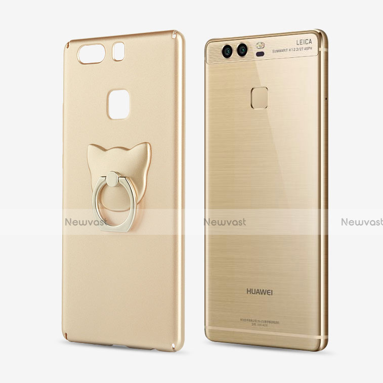 Hard Rigid Plastic Matte Finish Snap On Case with Finger Ring Stand for Huawei P9 Gold