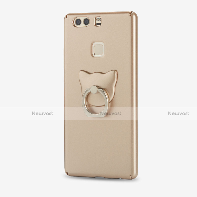 Hard Rigid Plastic Matte Finish Snap On Case with Finger Ring Stand for Huawei P9 Gold
