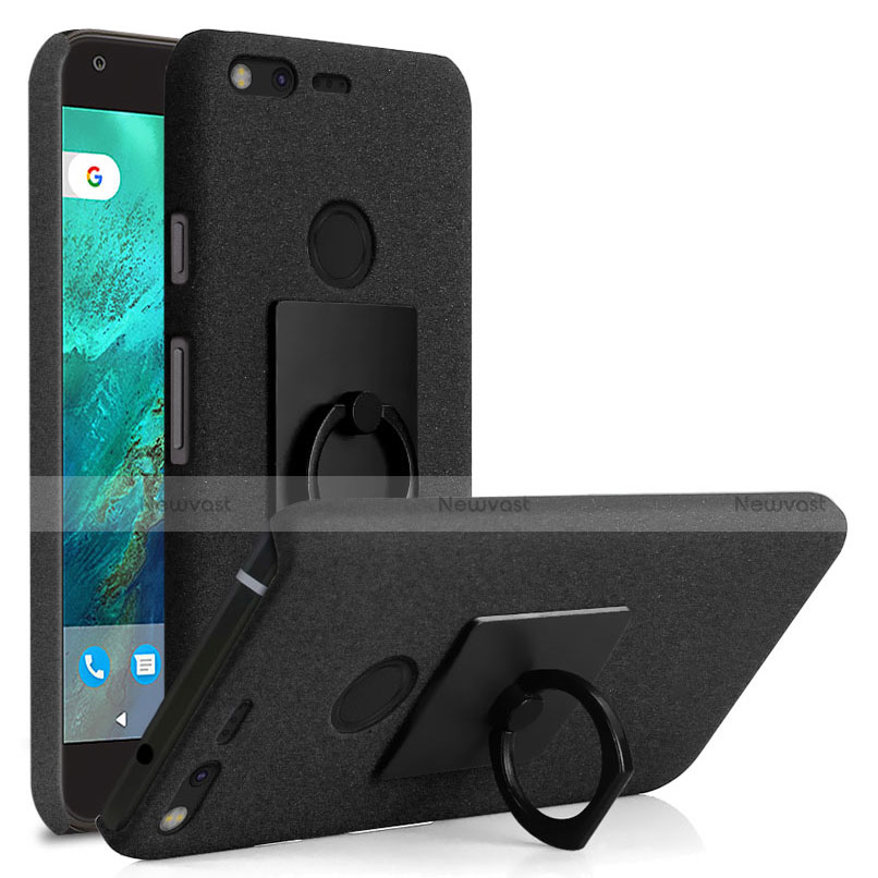 Hard Rigid Plastic Quicksand Cover with Finger Ring Stand for Google Pixel Black