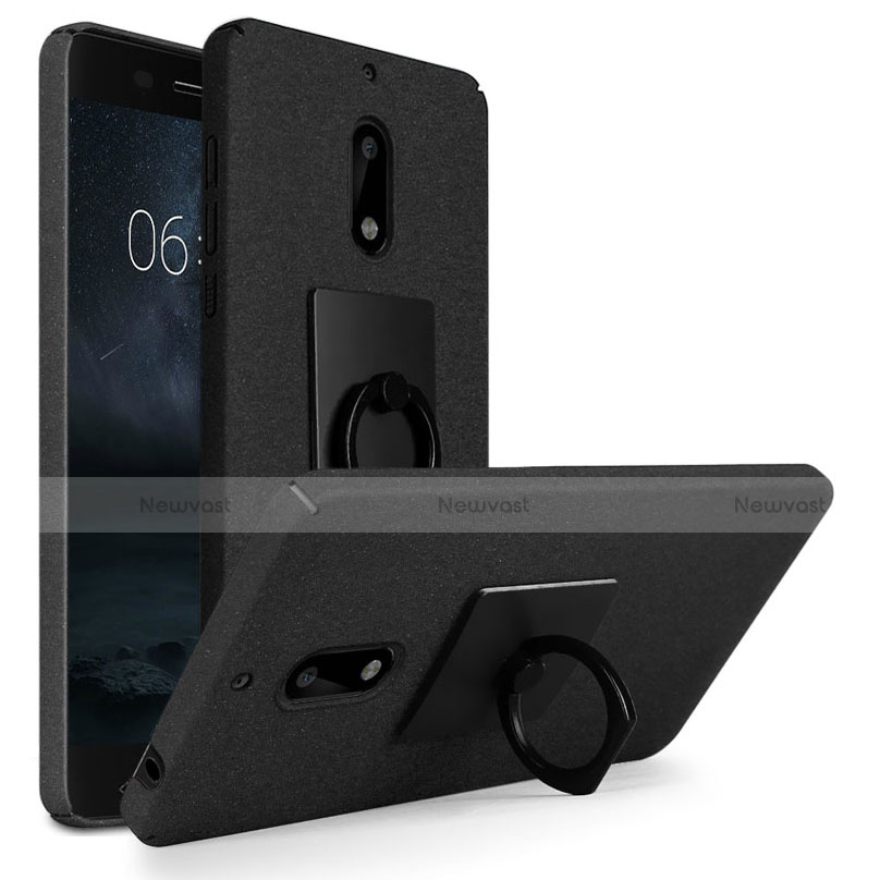 Hard Rigid Plastic Quicksand Cover with Finger Ring Stand for Nokia 6 Black