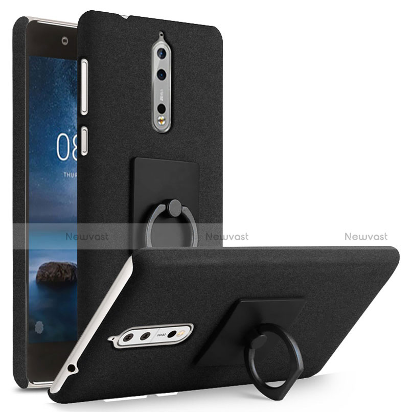 Hard Rigid Plastic Quicksand Cover with Finger Ring Stand for Nokia 8 Black