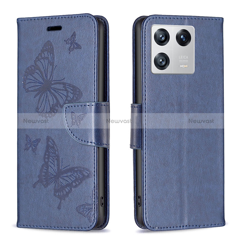 Leather Case Stands Butterfly Flip Cover Holder B01F for Xiaomi Mi 13 5G Blue