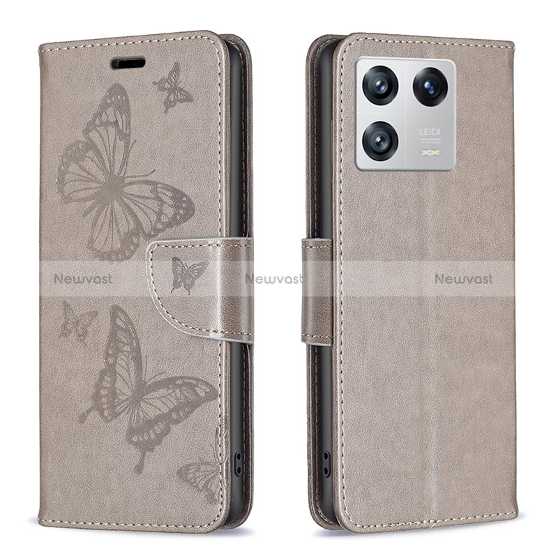 Leather Case Stands Butterfly Flip Cover Holder B01F for Xiaomi Mi 13 5G Gray