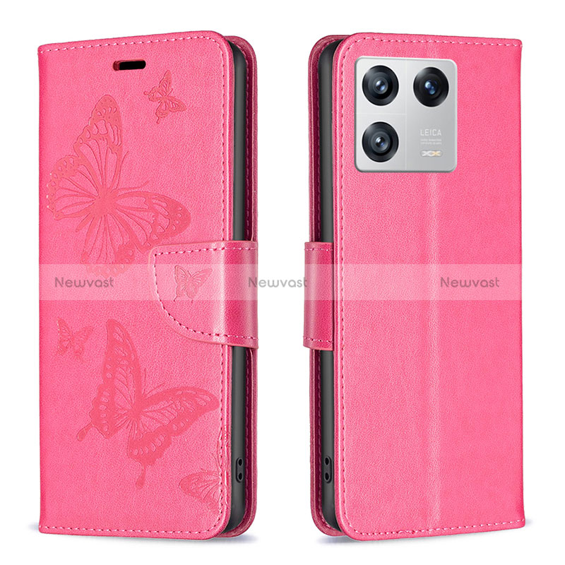 Leather Case Stands Butterfly Flip Cover Holder B01F for Xiaomi Mi 13 5G Hot Pink