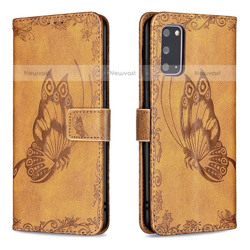 Leather Case Stands Butterfly Flip Cover Holder B02F for Samsung Galaxy S20 Brown