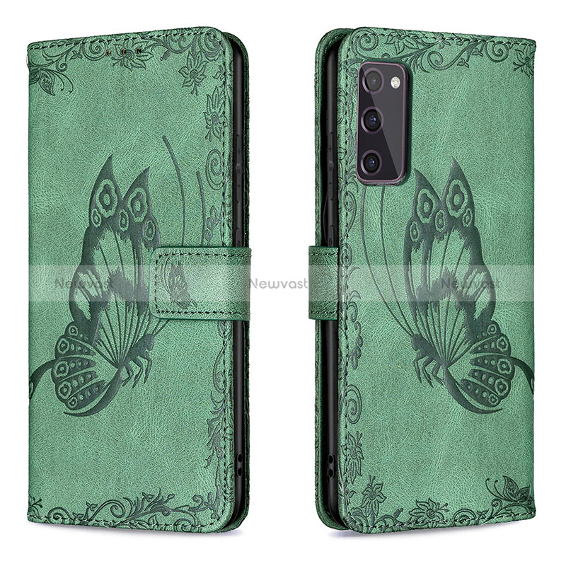 Leather Case Stands Butterfly Flip Cover Holder B02F for Samsung Galaxy S20 FE 4G Green