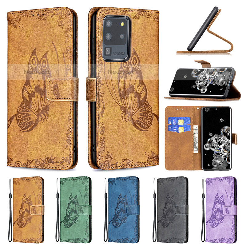 Leather Case Stands Butterfly Flip Cover Holder B02F for Samsung Galaxy S20 Ultra 5G