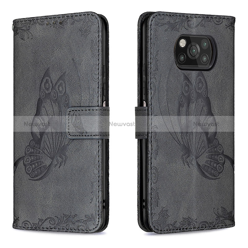 Leather Case Stands Butterfly Flip Cover Holder B02F for Xiaomi Poco X3 NFC Black