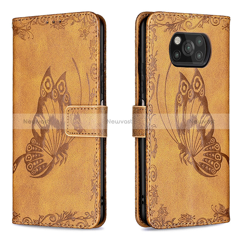 Leather Case Stands Butterfly Flip Cover Holder B02F for Xiaomi Poco X3 NFC Brown
