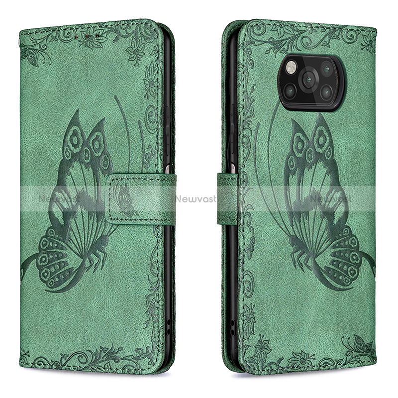 Leather Case Stands Butterfly Flip Cover Holder B02F for Xiaomi Poco X3 NFC Green