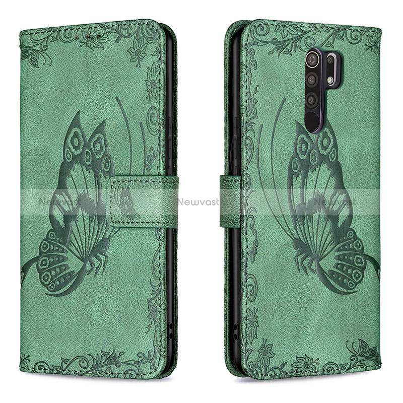 Leather Case Stands Butterfly Flip Cover Holder B02F for Xiaomi Redmi 9 Green