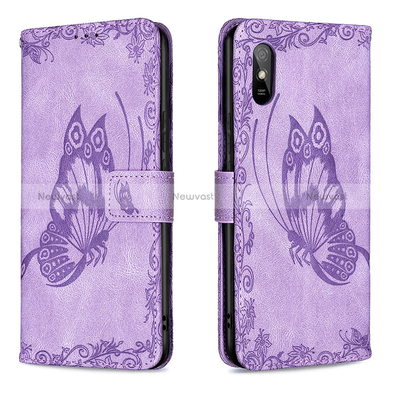 Leather Case Stands Butterfly Flip Cover Holder B02F for Xiaomi Redmi 9AT Clove Purple