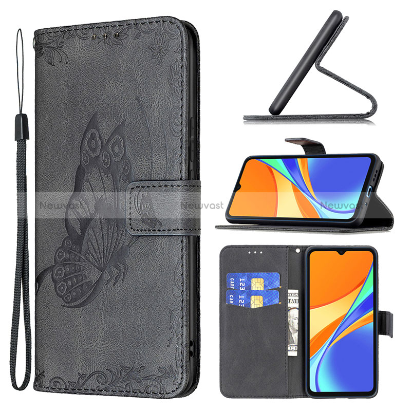 Leather Case Stands Butterfly Flip Cover Holder B02F for Xiaomi Redmi 9C