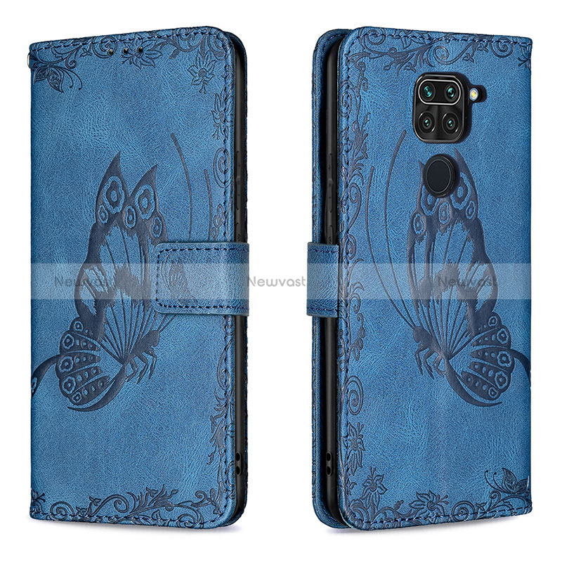 Leather Case Stands Butterfly Flip Cover Holder B02F for Xiaomi Redmi Note 9 Blue