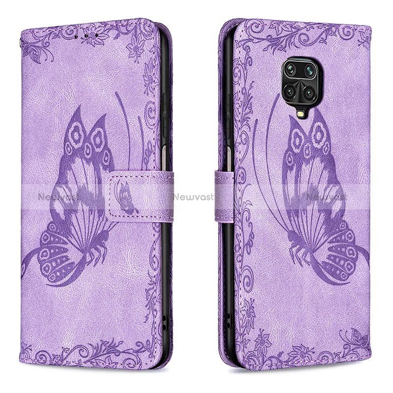 Leather Case Stands Butterfly Flip Cover Holder B02F for Xiaomi Redmi Note 9 Pro Clove Purple