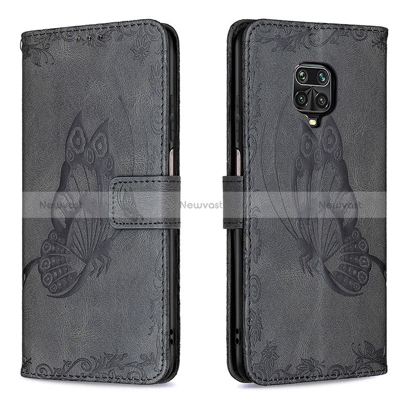 Leather Case Stands Butterfly Flip Cover Holder B02F for Xiaomi Redmi Note 9 Pro Max Black