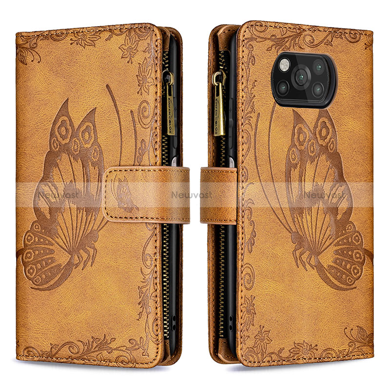 Leather Case Stands Butterfly Flip Cover Holder B03F for Xiaomi Poco X3 NFC Brown