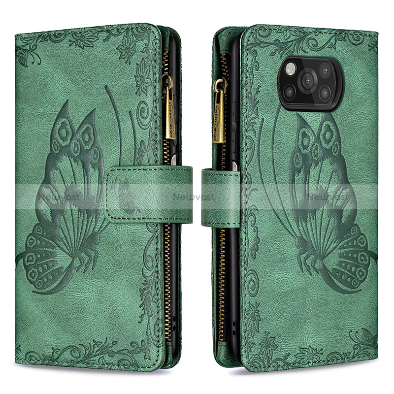 Leather Case Stands Butterfly Flip Cover Holder B03F for Xiaomi Poco X3 NFC Green