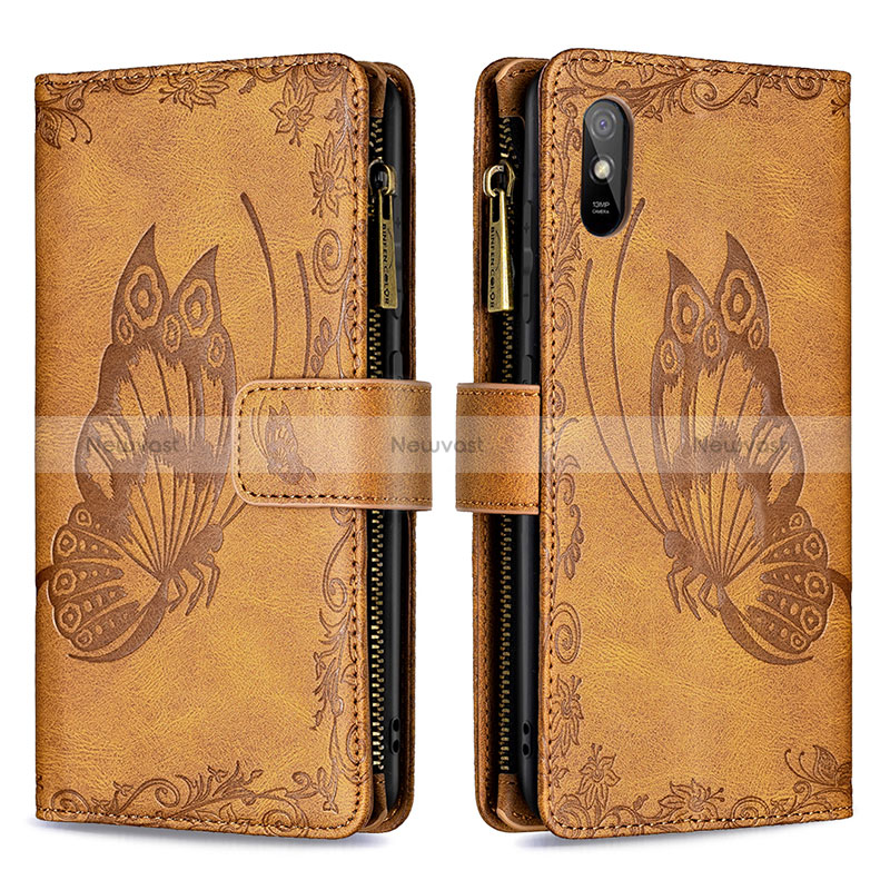 Leather Case Stands Butterfly Flip Cover Holder B03F for Xiaomi Redmi 9AT Brown