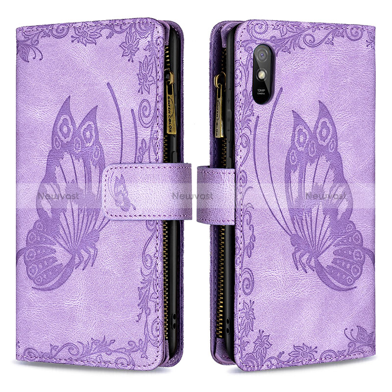 Leather Case Stands Butterfly Flip Cover Holder B03F for Xiaomi Redmi 9AT Clove Purple