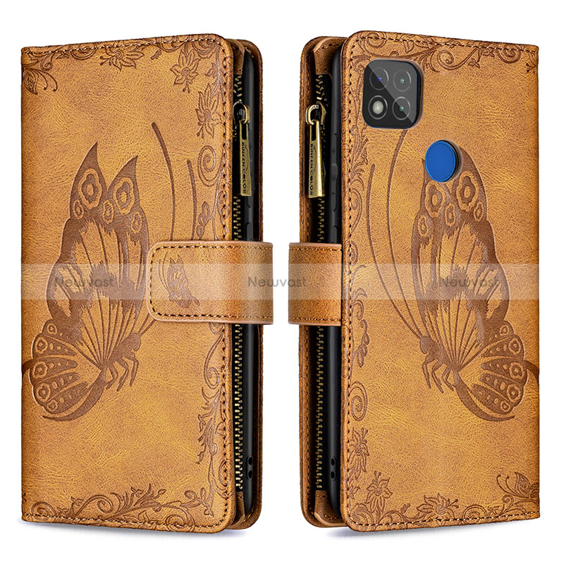 Leather Case Stands Butterfly Flip Cover Holder B03F for Xiaomi Redmi 9C Brown