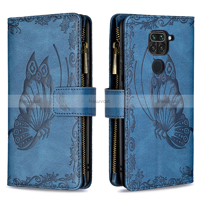 Leather Case Stands Butterfly Flip Cover Holder B03F for Xiaomi Redmi Note 9 Blue