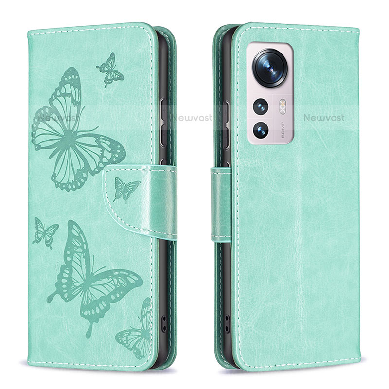 Leather Case Stands Butterfly Flip Cover Holder B13F for Xiaomi Mi 12 Pro 5G Green