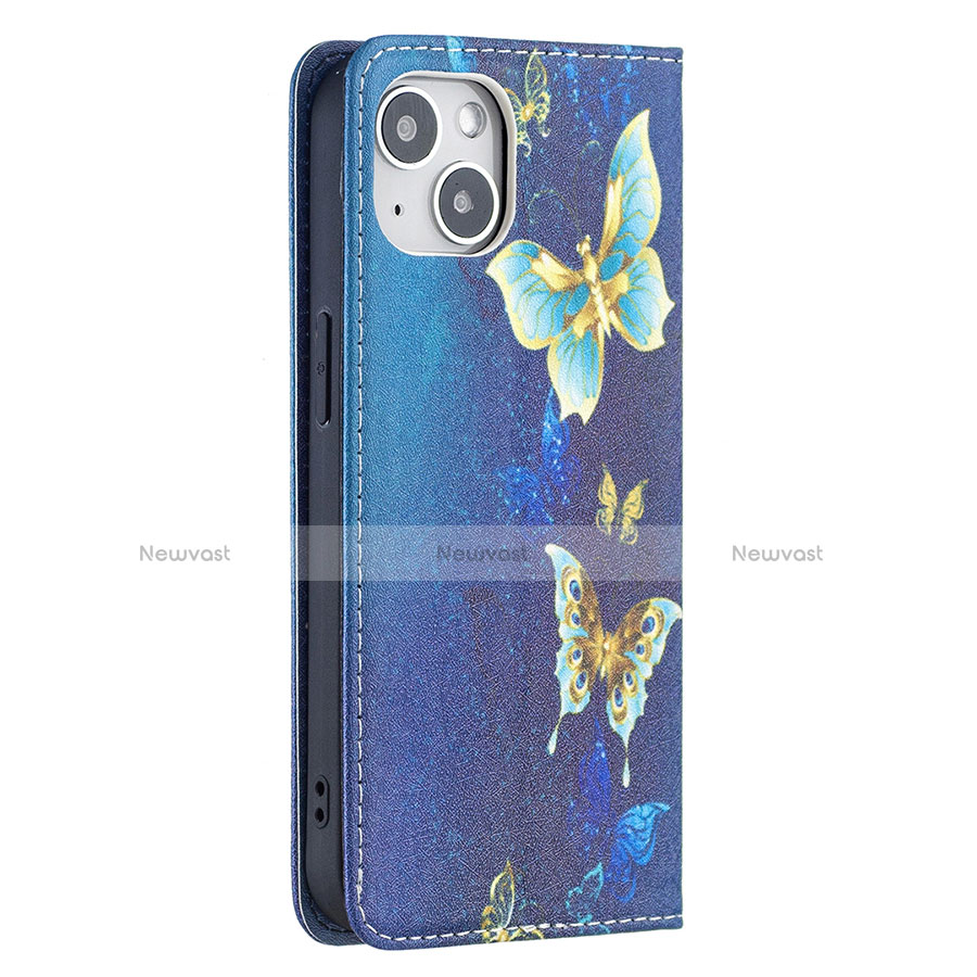 Leather Case Stands Butterfly Flip Cover Holder for Apple iPhone 13 Blue