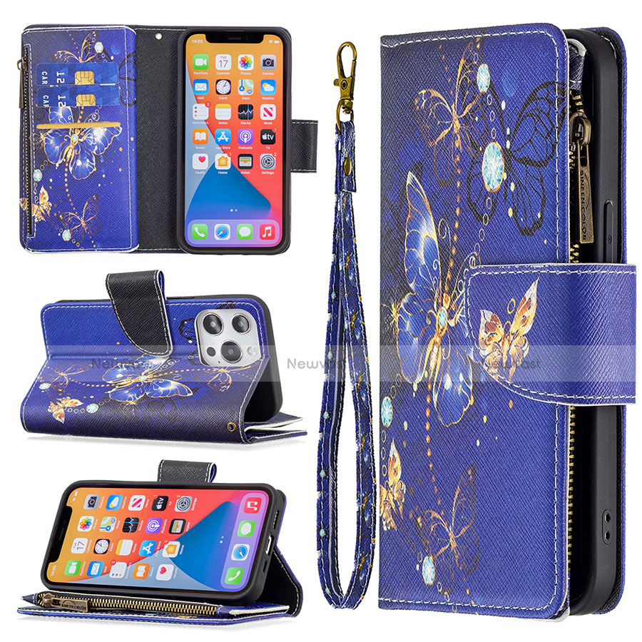 Leather Case Stands Butterfly Flip Cover Holder for Apple iPhone 13 Pro Max Navy Blue