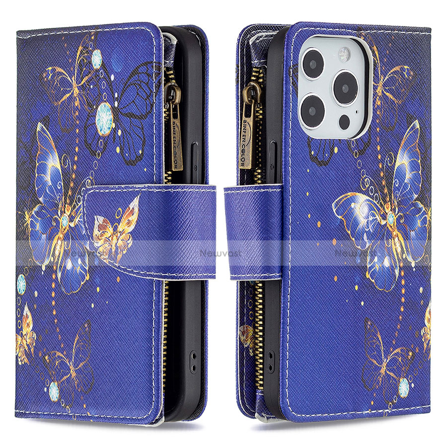 Leather Case Stands Butterfly Flip Cover Holder for Apple iPhone 13 Pro Navy Blue