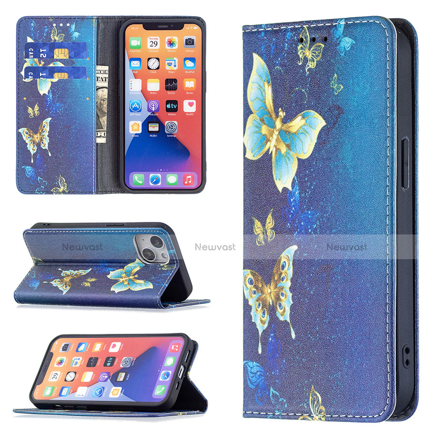 Leather Case Stands Butterfly Flip Cover Holder for Apple iPhone 14 Blue