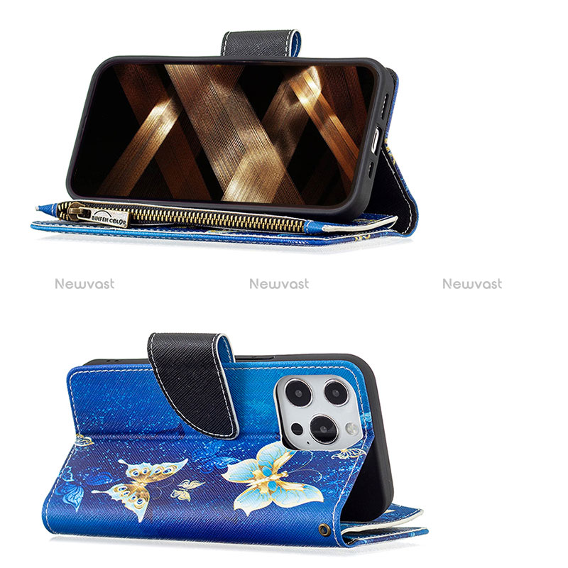 Leather Case Stands Butterfly Flip Cover Holder for Apple iPhone 14 Pro Max Blue