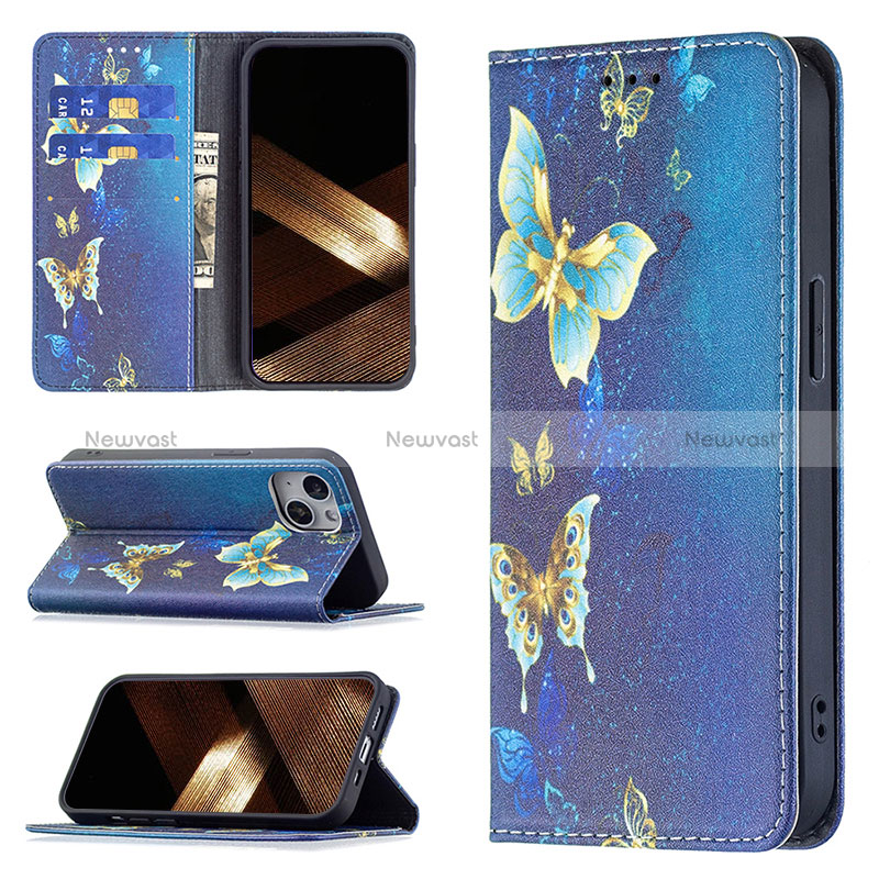 Leather Case Stands Butterfly Flip Cover Holder for Apple iPhone 15 Plus Blue