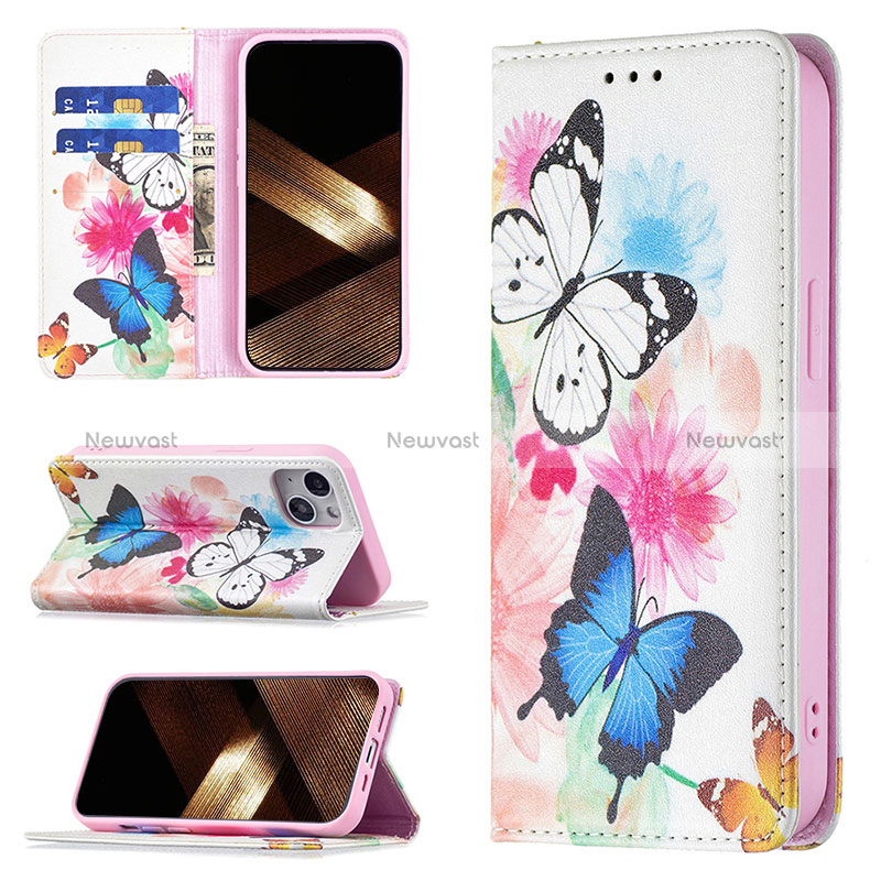 Leather Case Stands Butterfly Flip Cover Holder for Apple iPhone 15 Plus Pink