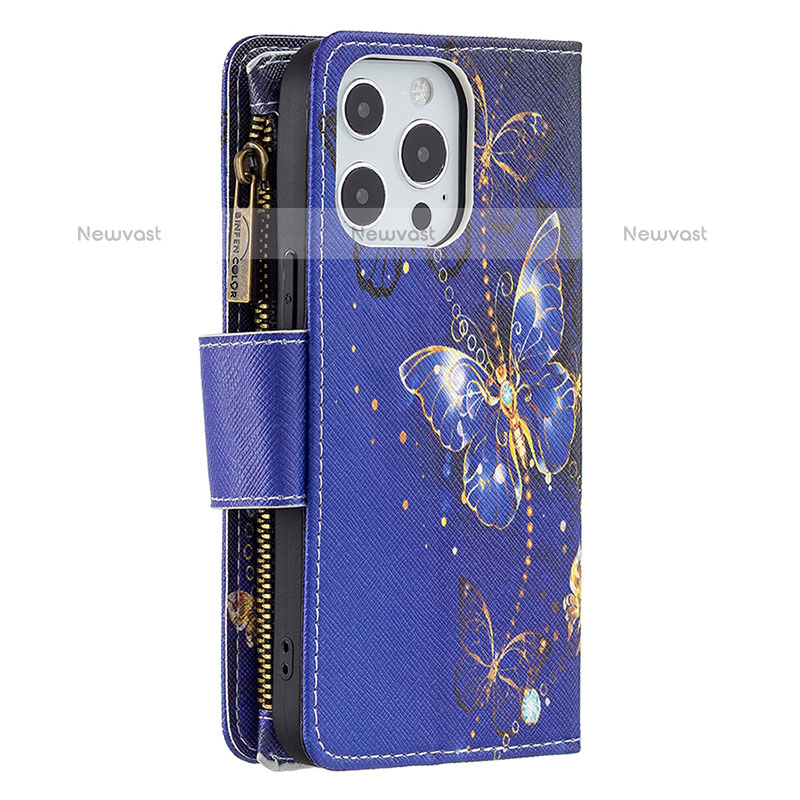 Leather Case Stands Butterfly Flip Cover Holder for Apple iPhone 15 Pro Max Navy Blue